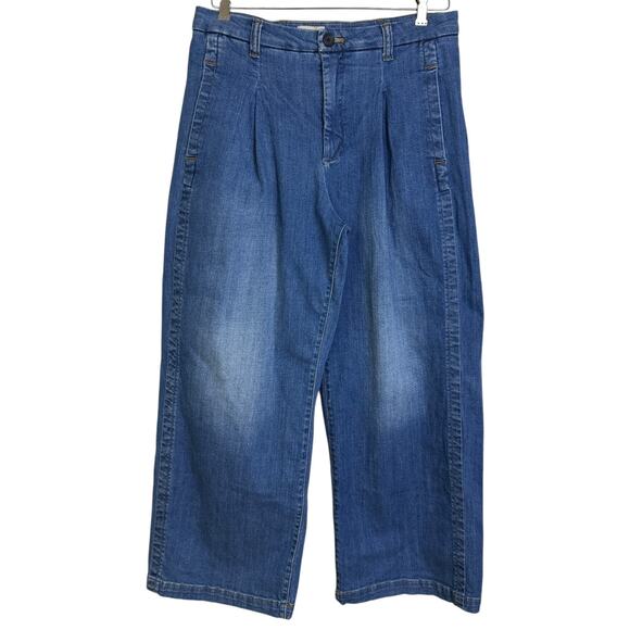 Anthro Pilco Wide Leg Jeans Womens 31 Blue Denim Pleated Baggy Pants Culottes - Picture 1 of 6